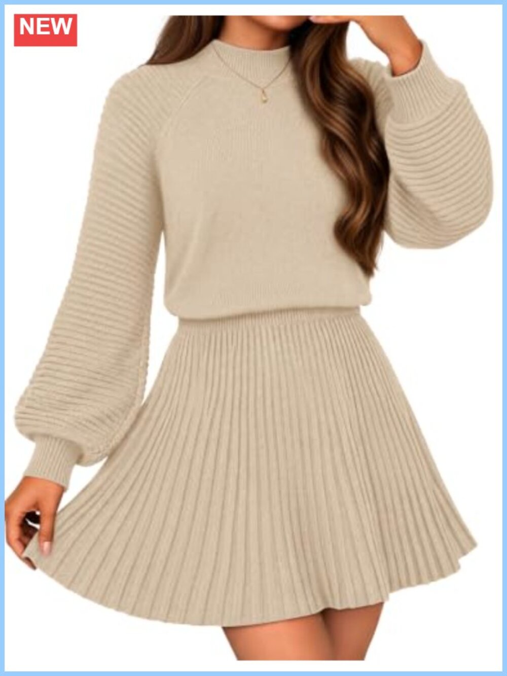 Knit 2 Piece Sweater Set Mock Neck Top Pleated Mini Skirt Women's